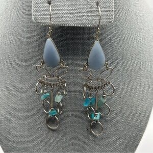 Genuine Blue Quartz Long Dangle Earrings Silver Tone Textured Hoops